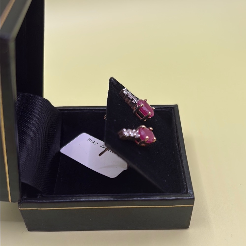 Genuine 14K Gold Ruby and Diamond Stud Earrings - Picture 3 of 10